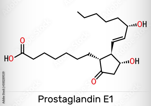 Prostaglandin E1, PGE1, alprostadil molecule. It is potent vasodilator agent, medication used to treat erectile dysfunction. Skeletal chemical formula