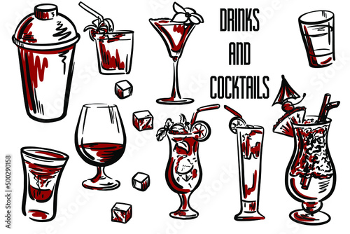 Vector hand drawn illustration of drinks and cocktails. Hiroshima, whiskey, sex on the beach, vodka, shaker, ice cubes, mojito, blue lagoon, cognac