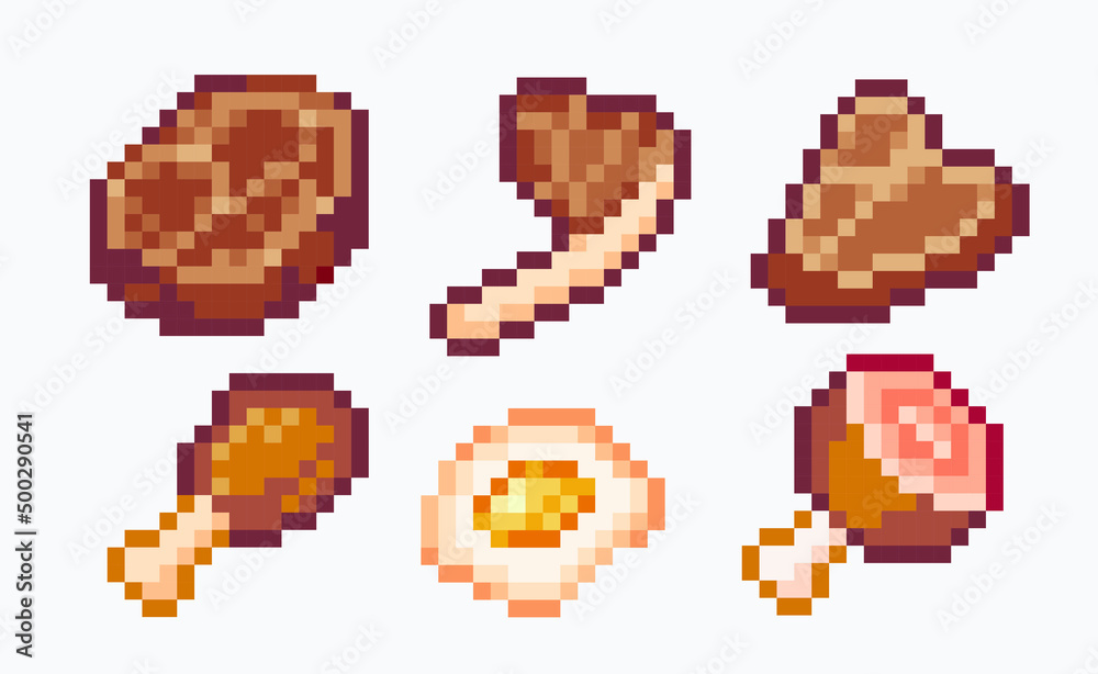 Cooked meat pixel art set. Beef, pork steaks, chicken leg, scrambled eggs, ham collection. 8-bit sprite. Game development, mobile app. Isolated vector illustration. Cooked meat pixel art set. Beef, pork steaks, chicken leg, scrambled eggs, ham collection. 8-bit sprite. Game development, mobile app. Isolated vector illustration.