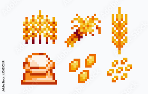 Grains: wheat, barley, rye pixel art set. Agriculture crops collection. 8-bit sprite. Game development, mobile app.  Isolated vector illustration.
