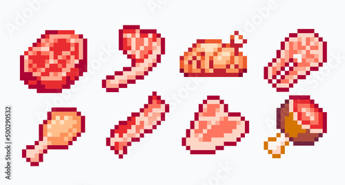 Raw meat pixel art set. Pork, beef, and fish steaks collection. 8-bit sprite. Game development, mobile app.  Isolated vector illustration.
