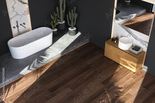 Top view of black and marble bathroom interior with a white bathtub standing on a concrete platform. Minimalist bathroom with parquet,cactus and modern furniture. 3d rendering
 photo