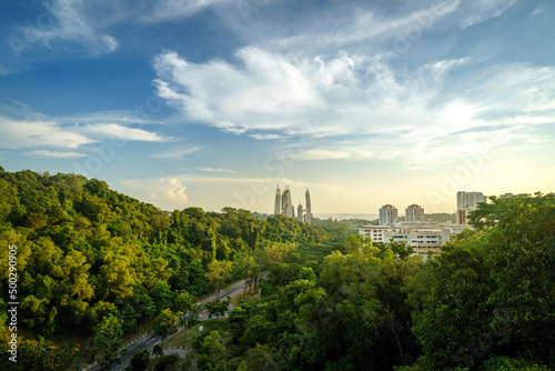 The magically forested view of Keppel Bay from Henderson Wave, Singapore. Green corridors covers the Singapore city-space and they allow the animals adapted to the urban forest to pass safely.  photo