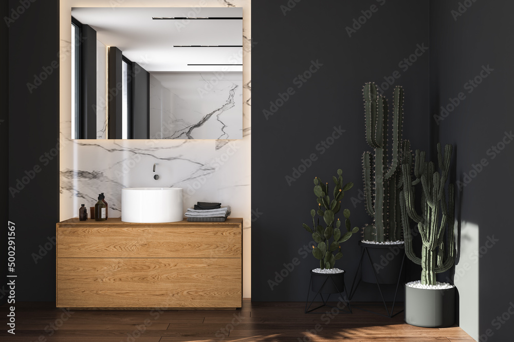Black bathroom with white sink with square mirror. Minimalist bathroom with parquet,cactus and modern furniture. 3d rendering
