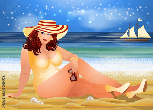 Plus size sexual woman on the beach, summer time card, vector illustration	