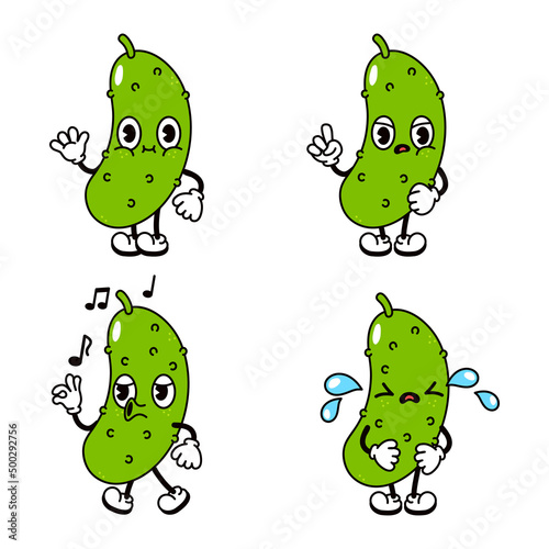 Funny cute cucumber characters bundle set. Vector hand drawn doodle style traditional cartoon vintage, retro character illustration icon design. Isolated white background. Cucumber mascot character