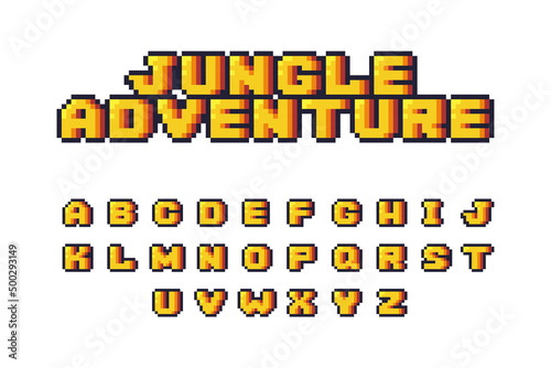 Pixel alphabet font. Retro 8-bit video game typeface design, oldschool typography logo letters. Vector illustration