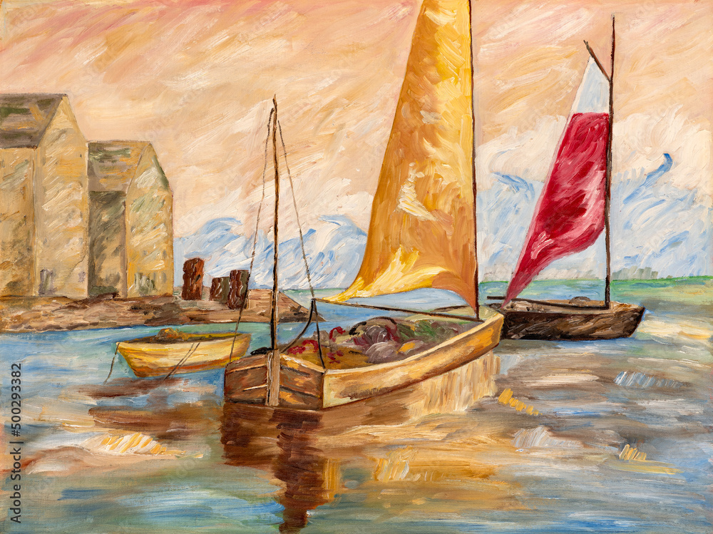Oil painting with thick paint brush strokes depicting fisherman boats and shacks in a harbor. Impressionism art.