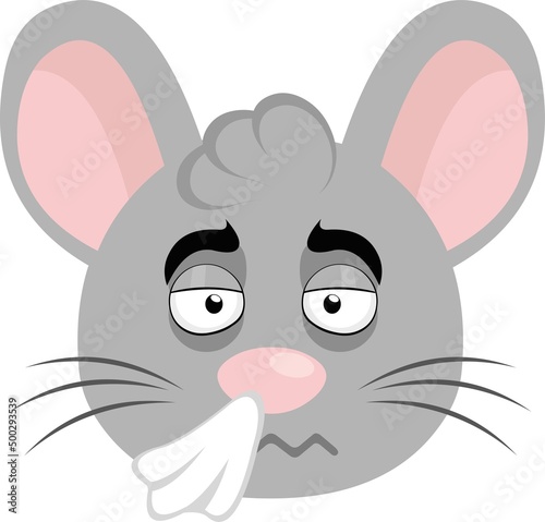 Vector illustration of the face of a cartoon mouse with the flu and a handkerchief on his nose