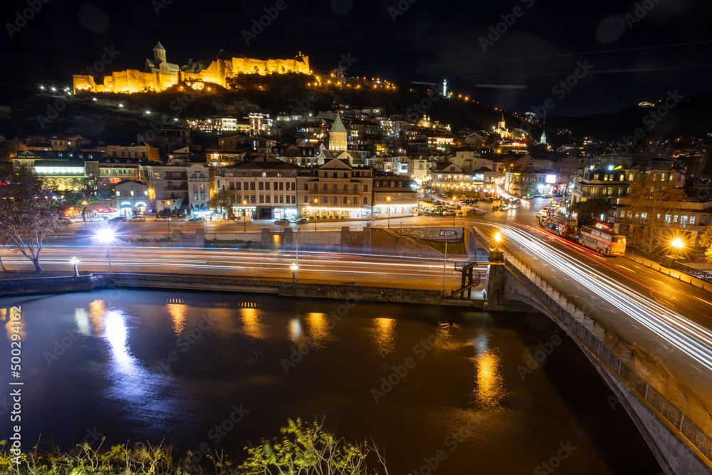 Old Tbilisi, Georgia photographed at night.