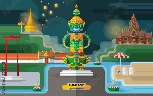 Thailand travel concept The Most Beautiful Places To Visit In Thailand in flat style in flat design color.