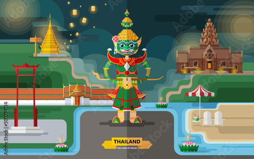 Thailand travel concept The Most Beautiful Places To Visit In Thailand in flat style in flat design color.