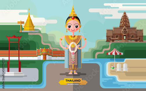 Thailand travel concept The Most Beautiful Places To Visit In Thailand in flat style in flat design color.
