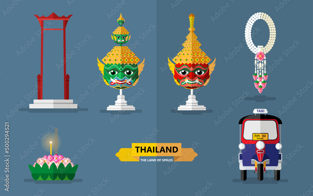 Thailand travel concept The Most Beautiful Places To Visit In Thailand in flat style in flat design color.