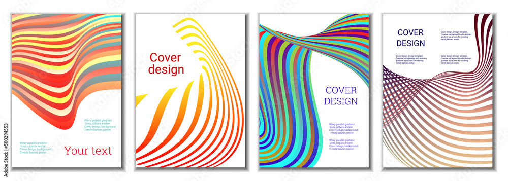A set of 4 abstract covers. Wavy parallel gradient lines, ribbons evolve. Cover design, background. Trendy banner, poster. A set of 4 abstract covers. Wavy parallel gradient lines, ribbons evolve. Cover design, background. Trendy banner, poster.