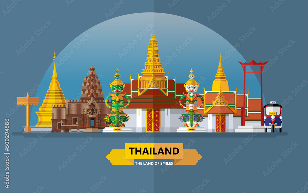 Naklejka premium Thailand travel concept The Most Beautiful Places To Visit In Thailand in flat style in flat design color.