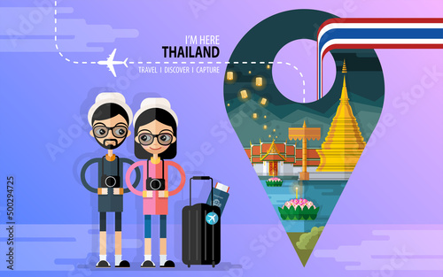 Thailand travel concept The Most Beautiful Places To Visit In Thailand in flat style in flat design color.