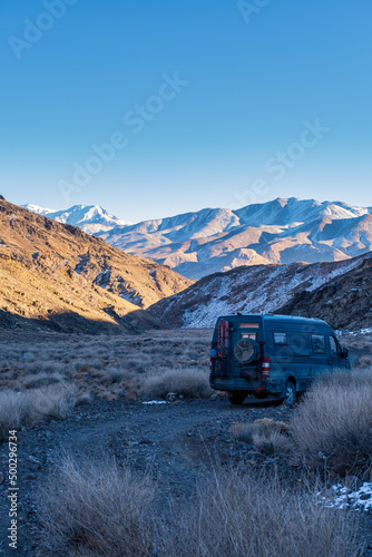 Campervan 4x4 in the middle of the mountain in Iran. Overland travel by campervan is an excellent experience to enjoy with the family.