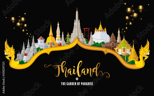 Thailand travel concept The Most Beautiful Places To Visit In Thailand in flat style in flat design color.