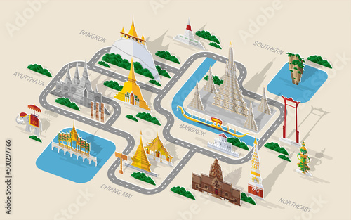Thailand travel concept The Most Beautiful Places To Visit In Thailand in flat style in flat design color.