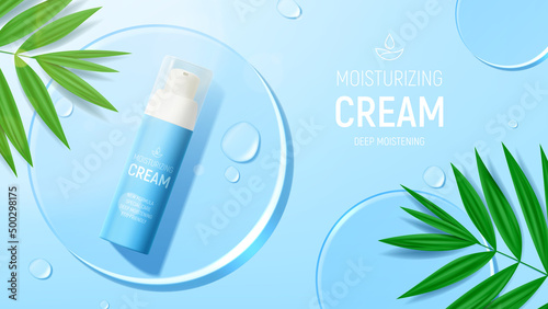 Promo banner with moisturizing face cream. Vector illustration with 3d bottle of moisturizing cream, water drops, leaves and glass circles. Mockup of cosmetic product ad. Flatlay background.