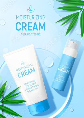 Ad poster with moisturizing face cream products. Vector illustration with 3d bottle and tube of moisturizing cream, drops, leaves and glass circles. Mockup of cosmetic product ad. Flatlay background.