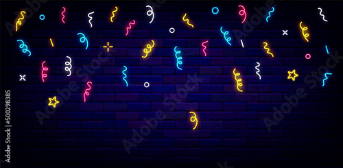 Confetti neon background. Award concept. Holiday celebration banner. Vector stock illustration