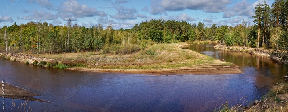A beautiful forest landscape from an upper angle over a bend in the river on a bright sunny day. Extra wide panorama