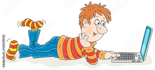 Funny boy lying on floor, dangling by legs and browsing pages of sites in the Internet, vector cartoon illustration on a white background