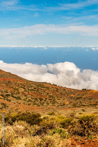 Paisaje con vegetación y nubes en el Parque Nacional del Teide, isla de Tenerife.