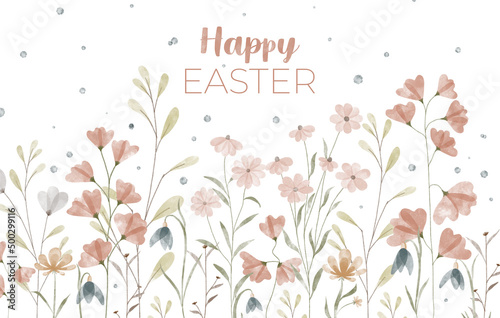 Happy Easter floral spring horizontal card with wildflowers. Watercolor hand drawn isolated illustration border, meadow or floral background for your design.