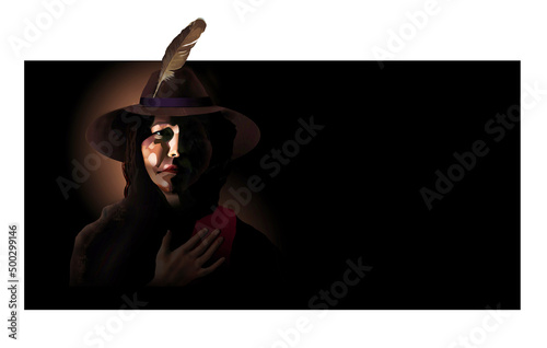 A middle aged woman in a wide brim hat with a feather and of Native American Indian ethnicity is seen in this 3-d illustration portrayed in a sterotypical fashion. photo