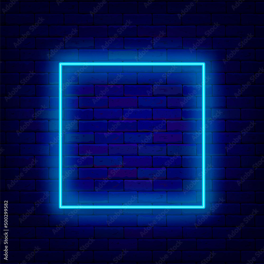 Square blue neon frame on brick wall. Minimal border. Space for text. Shiny sign. Editable stroke. Vector illustration Square blue neon frame on brick wall. Minimal border. Space for text. Shiny sign. Editable stroke. Vector illustration