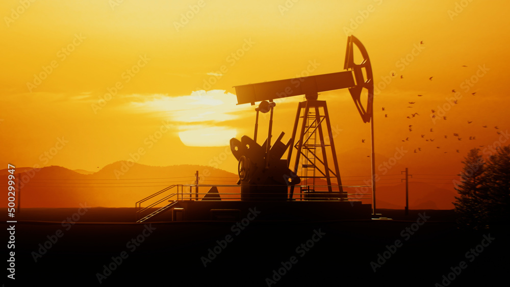 3D render silhouette of an oil rig station that pumps oil from a well at sunset