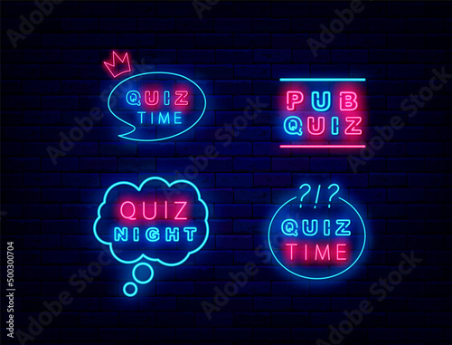 Quiz neon signs collection. Speech bubble and frame. Play game concept. Special pub. Vector stock illustration
