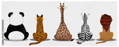 A set of animals sitting with their backs. Vector stock illustration. White background. isolated. Cartoon