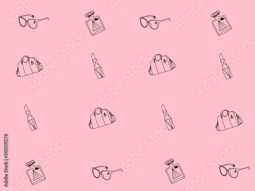 Set of items of women's accessories on a pink background, vector. Cosmetics in a women's handbag, print background.