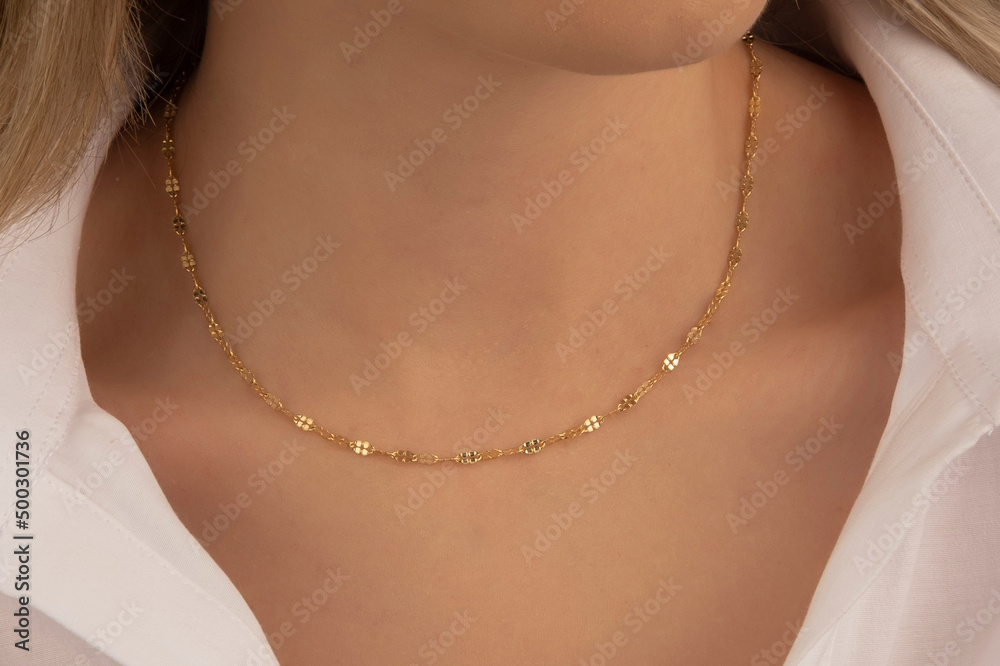 Silver and Gold Jewelry Necklace on Young Woman's Neck Silver and Gold Jewelry Necklace on Young Woman's Neck