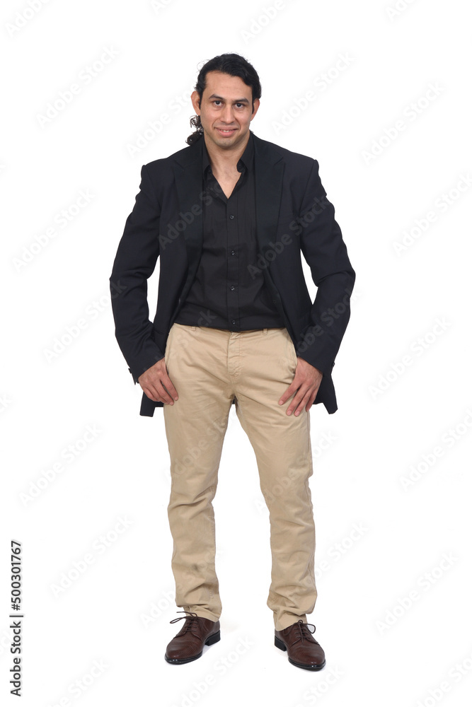 front view of a smiling man with shirt, shoes and blazer with hands on pockets on white background front view of a smiling man with shirt, shoes and blazer with hands on pockets on white background