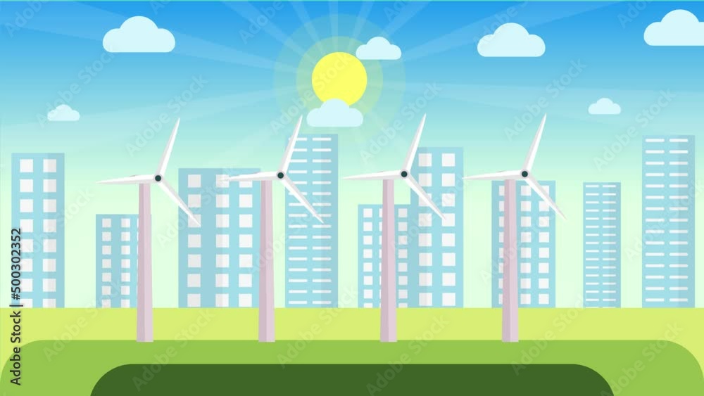 Natural power production concept with windmills on an urban area 4K animation. Windmills spinning on a green field and cityscape background. Producing electricity from the air on sunny day footage. Natural power production concept with windmills on an urban area 4K animation. Windmills spinning on a green field and cityscape background. Producing electricity from the air on sunny day footage.