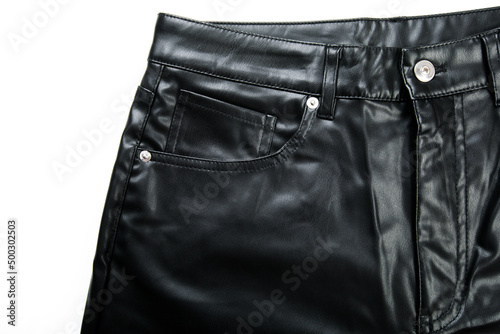  black vegan leather trousers close up view - Image