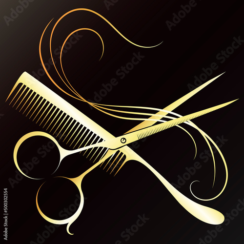 Golden scissors and comb. Stylists scissors cut curls of hair. Design for hair salon and beauty salon