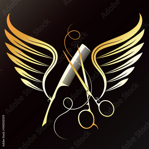 Golden scissors comb and wings. Design for hair salon and stylist