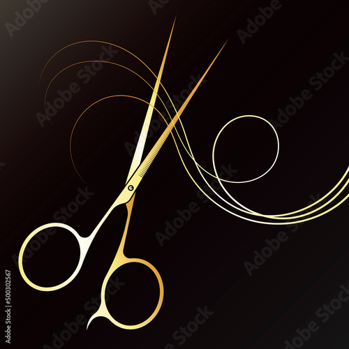 Golden scissors and curls of hair. Beauty salon and hair salon. Scissors cut hair