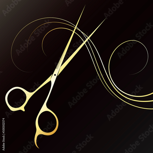 Golden scissors cut hair. Design for beauty and hair salon