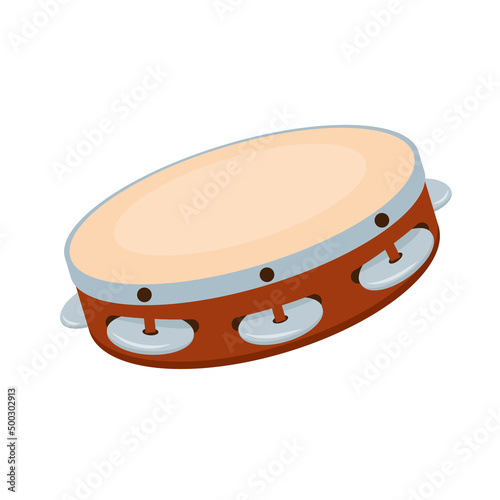 Tambourine icon isolated on white background. Folk percussion musical instrument. Ethnic wood buben Vector illustration in flat cartoon style.