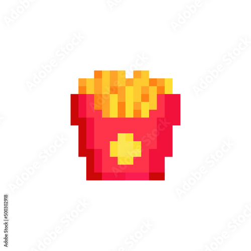 French fries, American fast food pixel art icon, isolated vector illustration. Design for sticker, mobile app, web site, social media and logo. 8-bit sprit
