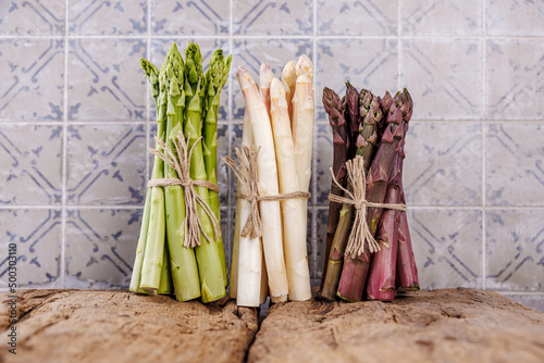 Green, purple and white asparagus