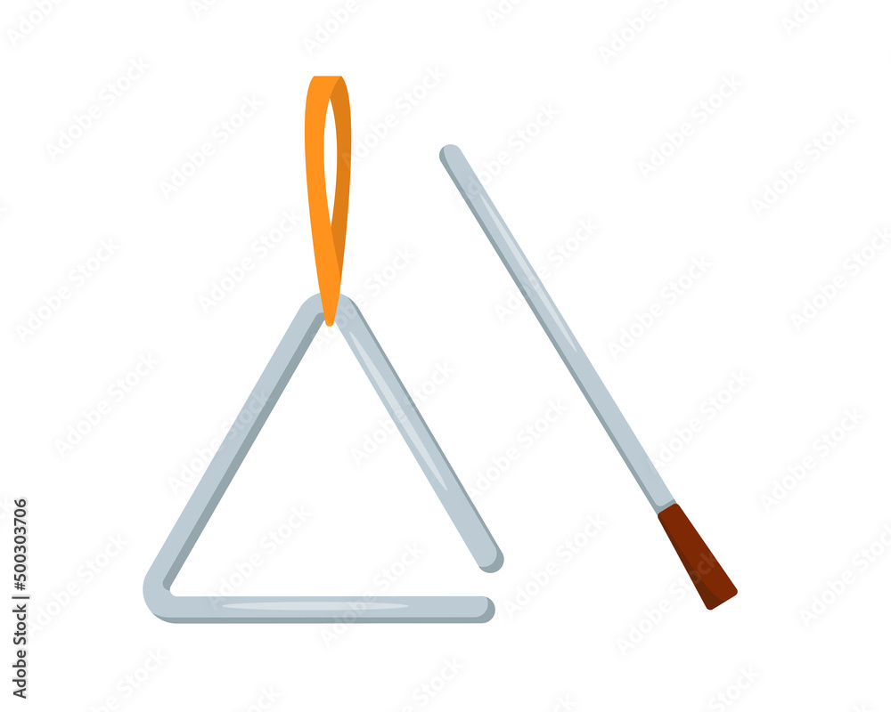 Metal musical Triangle with stick. Percussion music instrument icon isolated on white background. Vector illustration in flat cartoon style. Metal musical Triangle with stick. Percussion music instrument icon isolated on white background. Vector illustration in flat cartoon style.