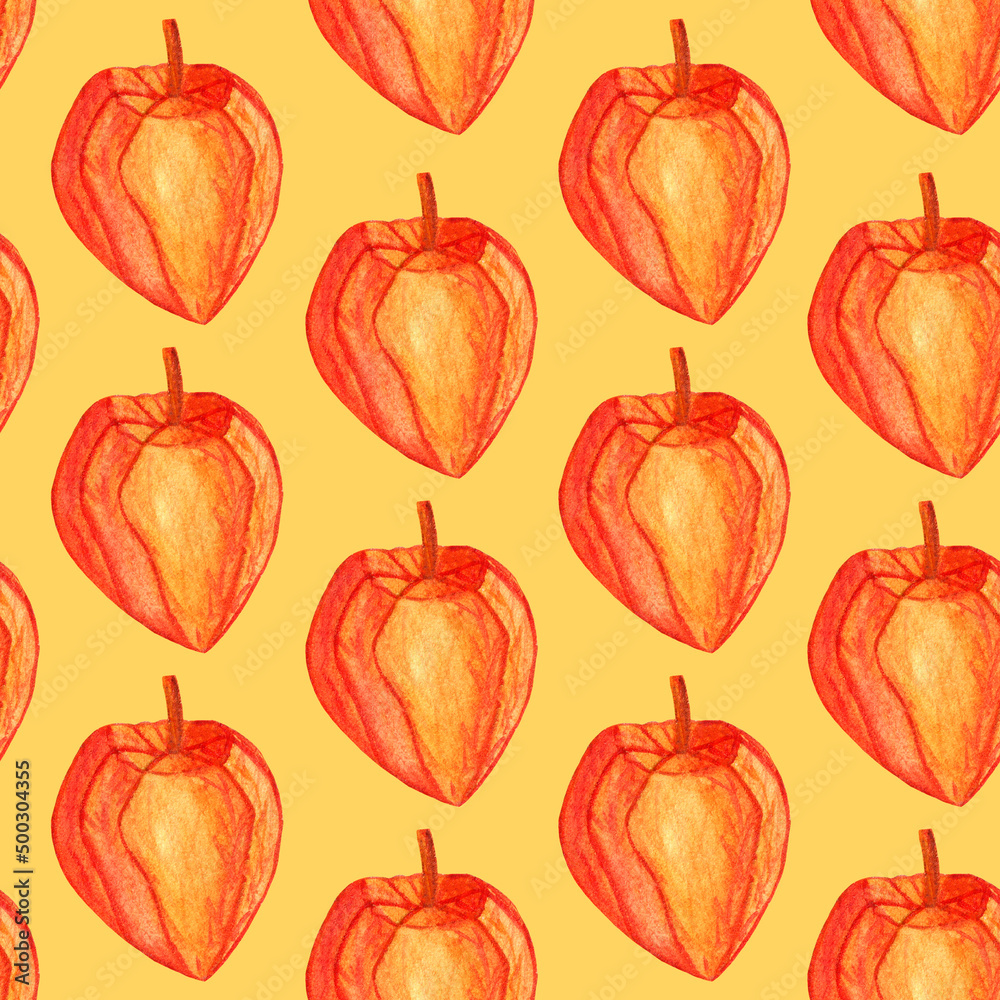 Yellow physalis geometrical pattern. Seamless watercolor illustration with cape gooseberries. Sweet golden berry repeated background, side view. Chinese lantern Yellow physalis geometrical pattern. Seamless watercolor illustration with cape gooseberries. Sweet golden berry repeated background, side view. Chinese lantern